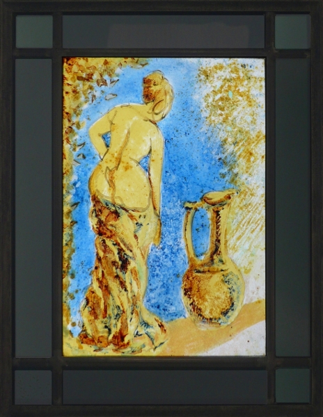 baigneuse d' Allegrain et amphore, vitrail (stained glass) de Bosselin peintre verrier à Fécamp, Normandie, pays de caux, côte d' Albatre